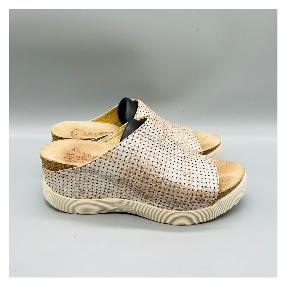 Fly London Sandals Women 6.5 Rose Gold Leather Perforated Platform Slide Shoes